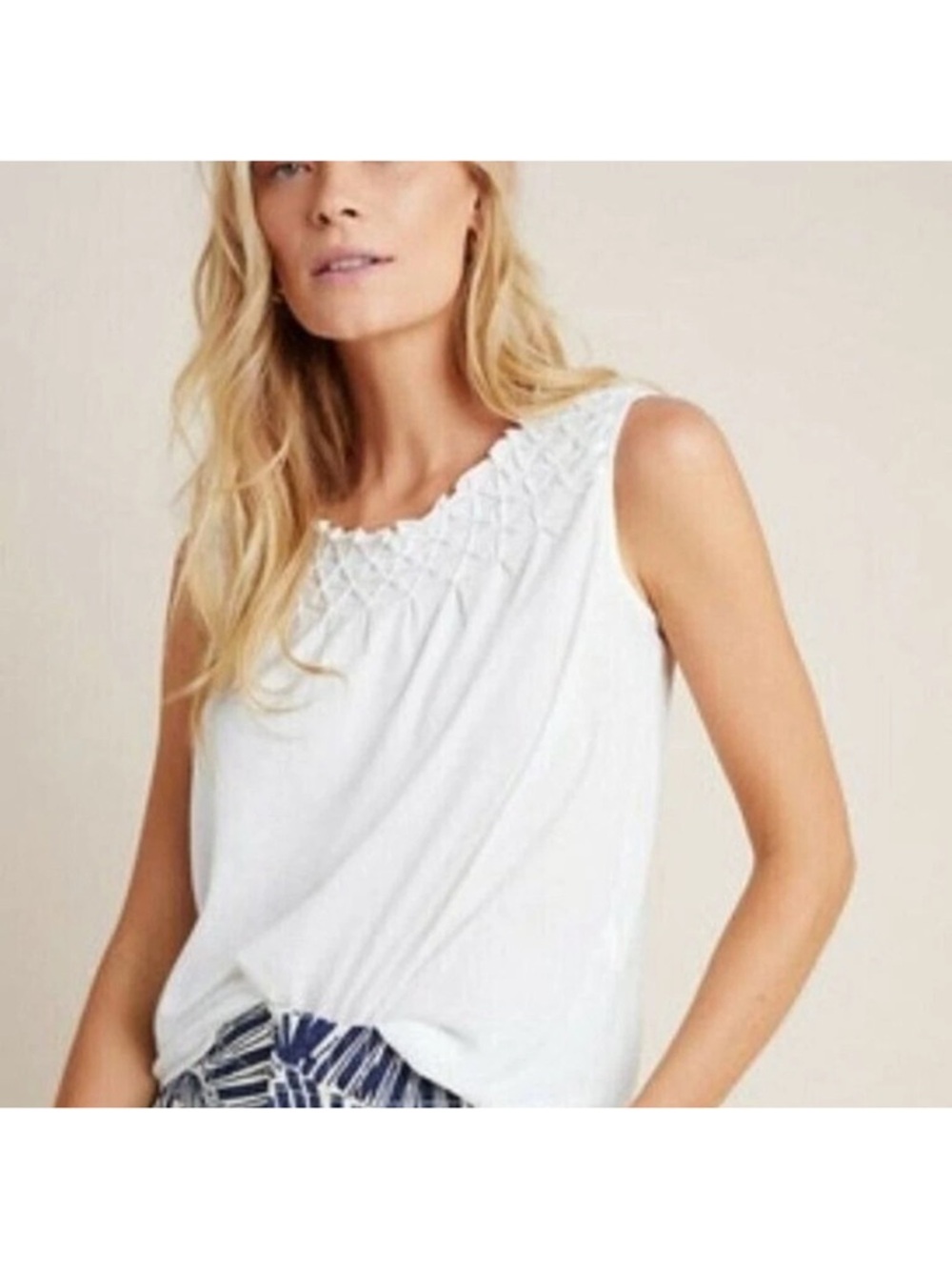 Maeve Anthropologie Justine Smocked Scoop Tank White Boho Cotton Top Medium